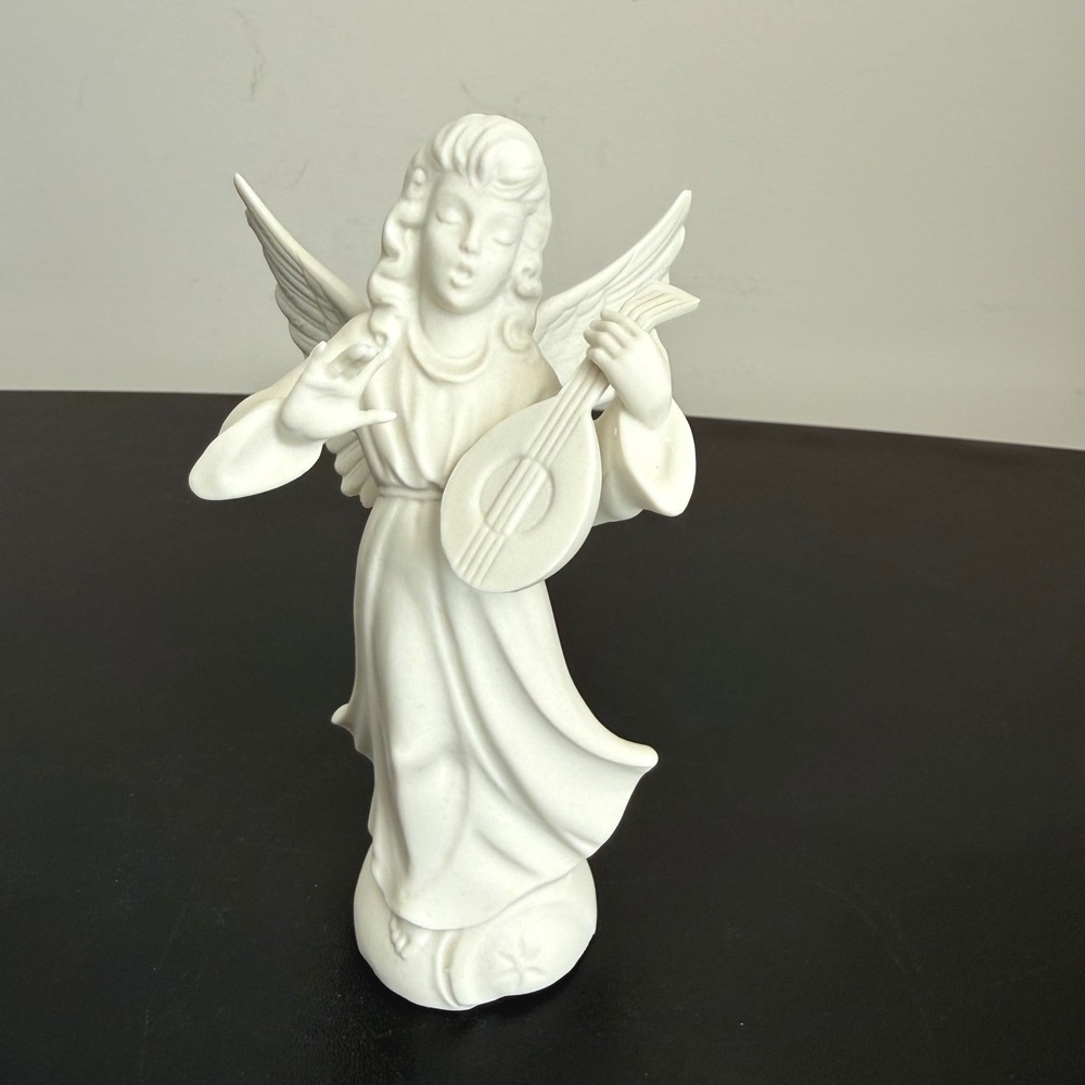 Dresden Angel Figurine Bisque Porcelain White Lute Player Germany 5.5" Vintage